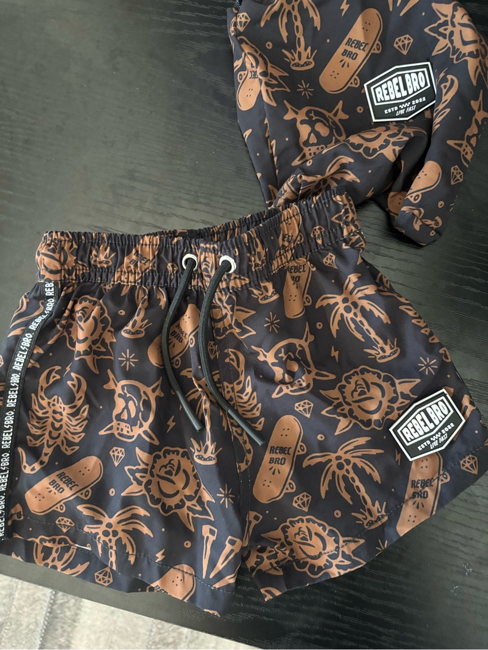 Kids Black & Brown Printed Swim Shorts2-3t